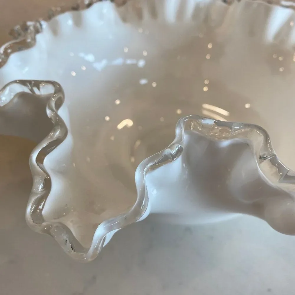 Vintage 1950s Fenton White Milk Glass Bon Bon Dish Silver Crest Double Crimp Rim